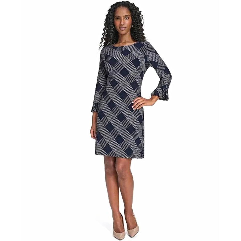 Tommy Hilfiger Plaid Shift Dress Size 10 Black Ivory Bell Sleeve Office Work
